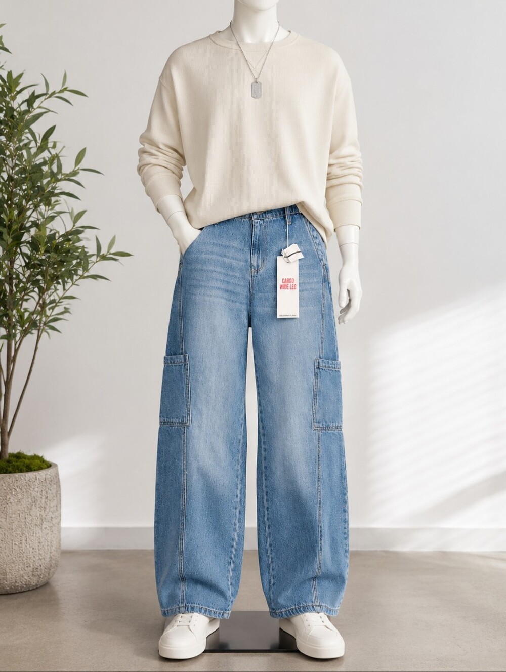 Celebrity Pink Men's Light Wash Cargo Wide-Leg Jeans